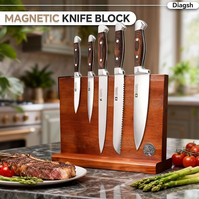 Knife Set with Block, Magnetic Knife Block Set with Knives for Home Chefs and Professionals, Safe Storage