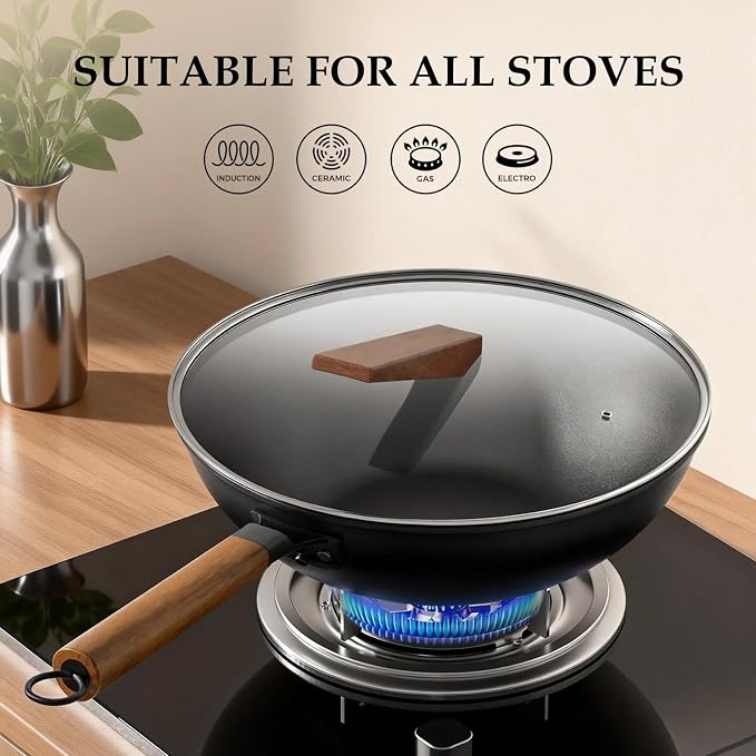 Carbon Steel Wok, New Chinese-Style Pan with lid, 13 Inch carbon steel woks & stir-fry pans nonstick, Suitable for Induction Cooktops, Electric Stoves, and Gas Ranges