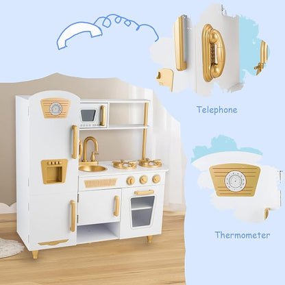 Kitchen Playset for Kids Ages 3-8, Wooden Pretend Play Kitchen with Realistic Sounds, Including Telephone, Ice Maker, Refrigerator, Dimensions: 35” H x 31” W x 12” D (White)