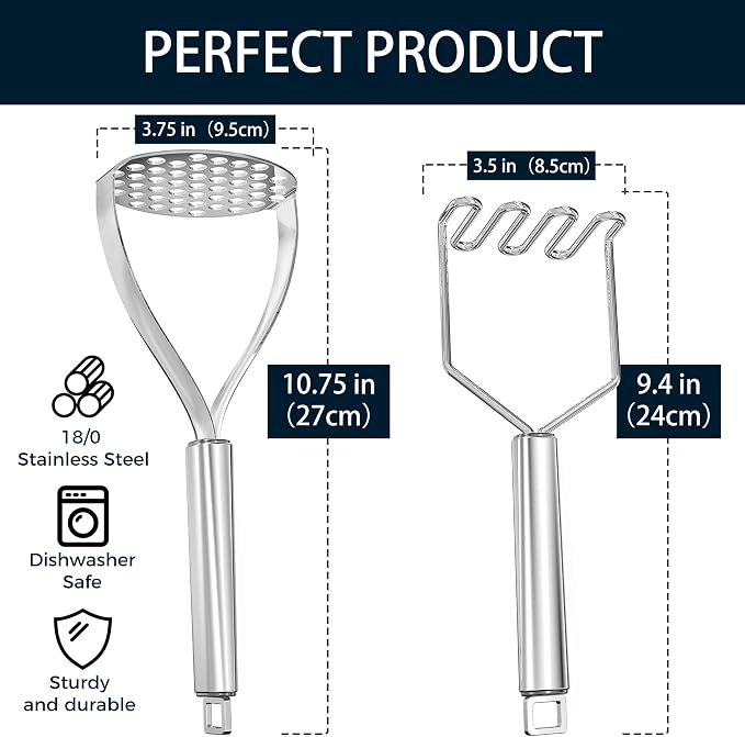 18/0 Stainless Steel Potato Mashers, 10.7-in Kitchen Masher Tool for Avocado Vegetable Sauce Butter, Heavy Duty, Dishwasher Safe, Pack of 2
