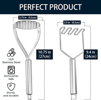 18/0 Stainless Steel Potato Mashers, 10.7-in Kitchen Masher Tool for Avocado Vegetable Sauce Butter, Heavy Duty, Dishwasher Safe, Pack of 2