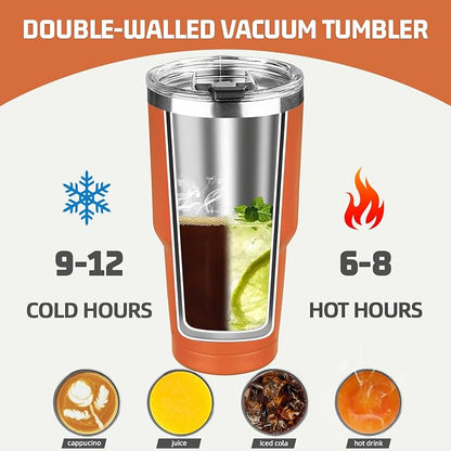30 oz Tumbler with Lids and Straws, Stainless Steel Insulated Coffee Tumbler, Double Wall Vacuum Insulated Travel Mug Cup, Leakproof Thermal Coffee Cup for Hot and Cold Drinks (Orange)