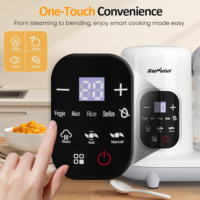 Sunvivi Baby Food Maker: All-in-one Baby Food Processor with Steam, Heating, Unfreeze, Blender, Electric Blender and Food Processor Combo with Self Clean LCD Display, Baby Food Steamer Grinder White