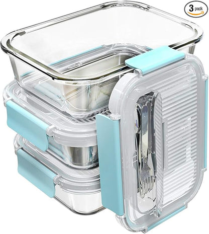 AILTEC Large Glass Food Storage With Locking Lids - Bento Box Lunch and Meal Prep Containers [3-Pack, 36 OZ]