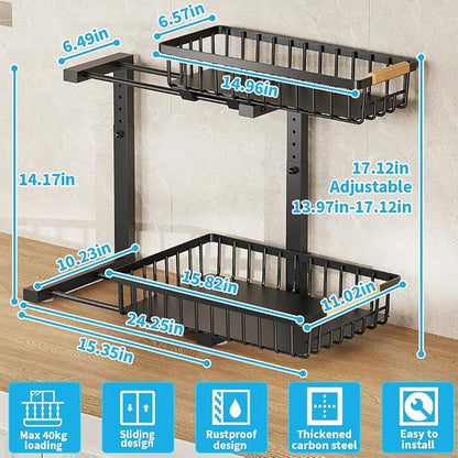 Under Sink Organizer, 2 Tier Metal Under Sink Organizers and Storage, Height Adjustable Slide out Pull out Cabinet Organizer for Kitchen Bathroom