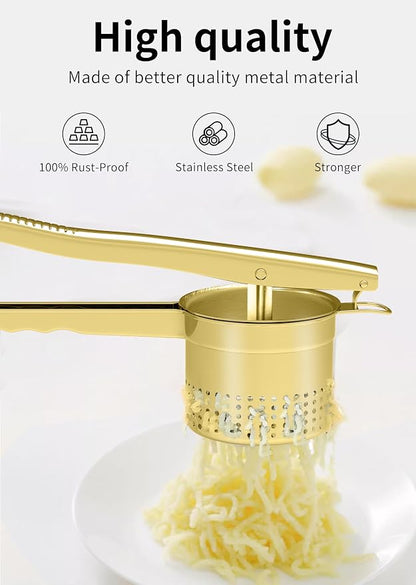 GloTika Large 15oz Potato Ricer Masher, Heavy Duty Stainless Steel Potato Masher with Ergonomic Handle, Masher and Ricer Kitchen Tool for Mashed Potatoes, Noodle Maker, Gold