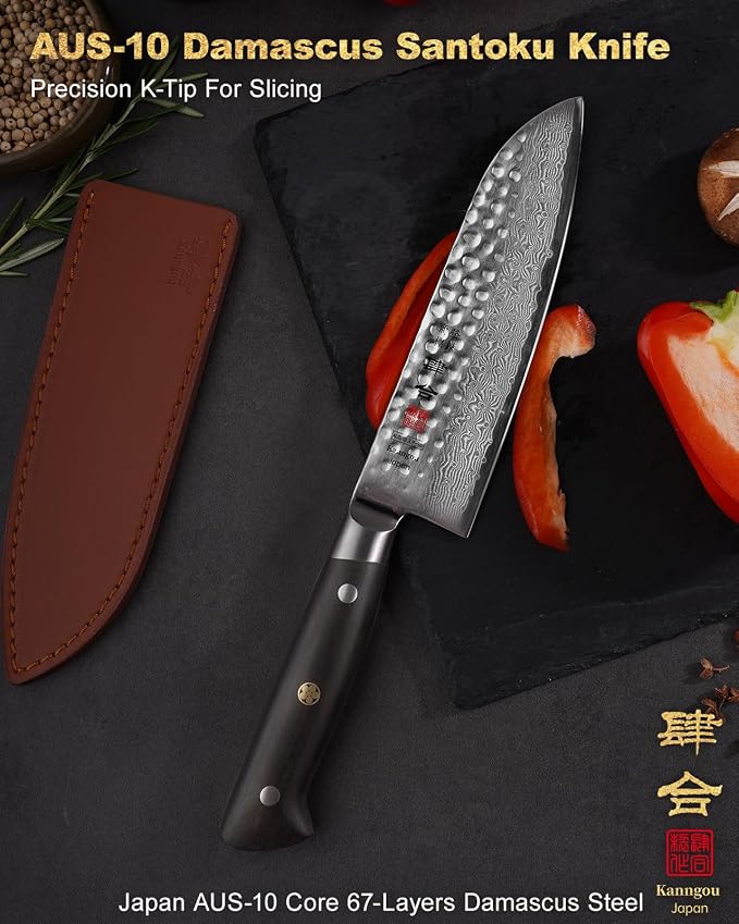 kanngou Japanese Chef Knife Kitchen Knife with 67 Layers Damascus Steel AUS-10 Core, Professional Damascus Knife with Full-Tang Ebony Wood Handle and Premium Gift Box (7 Inch Santoku Chefs Knife)