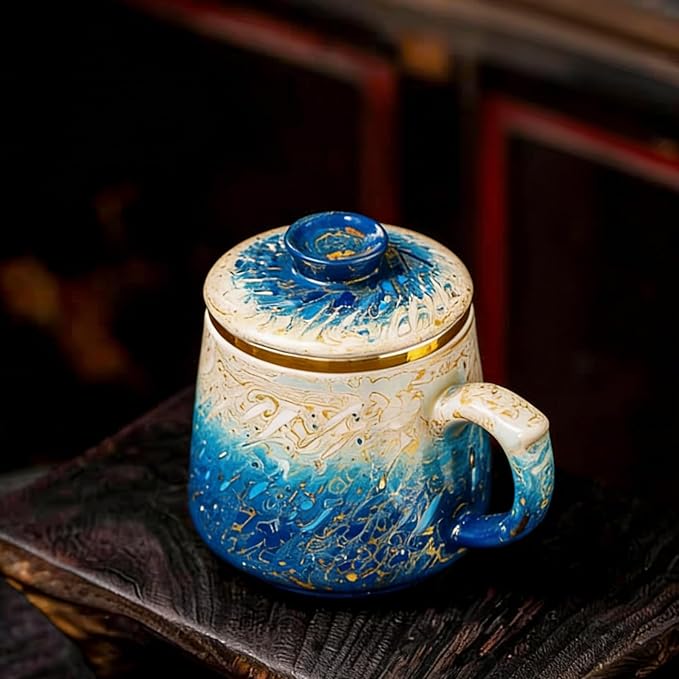 Lacquer Moment Handcrafted One-of-a-Kind Lacquer Cup 360ml (12.2oz) with Removable Infuser Artisan Chinese Lacquerware Luxury Gift for Her Him Mother’s Day Birthday Anniversary (Azure Tide)