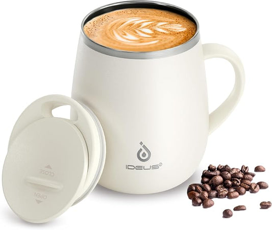 Ideus 16 oz Insulated Coffee Mug with Handle and Lid, Double Wall Stainless Steel Vacuum Thermal Coffee Mug, Travel Coffee Cup Thermal Cup for Home and Office, White