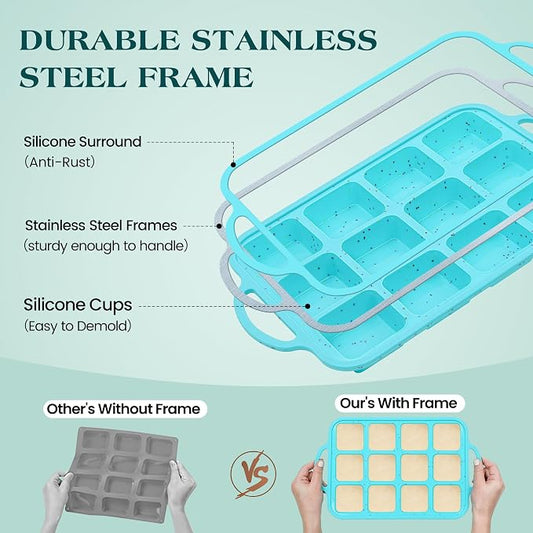 KASHME 1 Pc Silicone Brownie Pans With Dividers, 12-Cavity Non Stick All Edges Mini Brownie Baking Pan With Metal Frame, Square Muffin Pan For Oven, Aqua