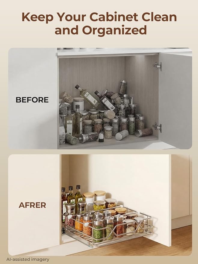 Pull Out Cabinet Organizer 11.6" x 21" D, Heavy Duty Smooth Sliding Under Cabinet Shelves for Pots and Pans, Slide Out Drawers For Kitchen Organizers and Storage, Pull Out Drawers for Kitchen Pantry