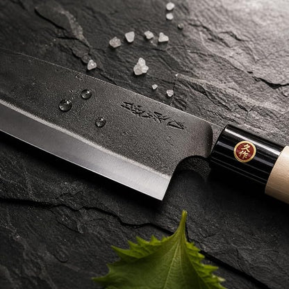 YOSHIDAHAMONO Funkai Santoku Knife 6.3 Inch, Aogami #2 Carbon Steel HRC 62-64, Gift for Serious Home Cooks, Magnolia Wa Handle, 15-Degree Edge, Made in Japan, 3-Year Warranty