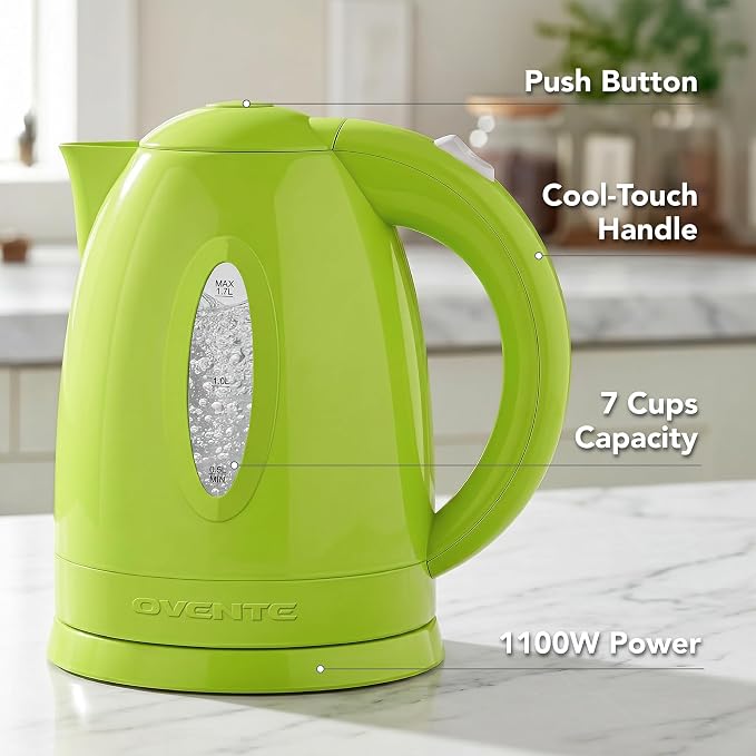OVENTE Electric Kettle, 1.7L Fast Boiling Water Heater for Coffee or Tea, BPA Free with Water Level Gauge, Auto Shut-Off, Boil-Dry Protection, Indicator Light and Removable Filter, Green KP72G