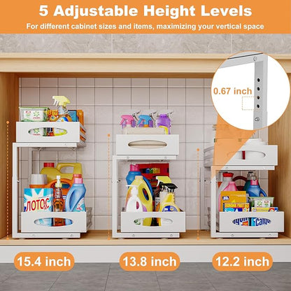 Under Sink Organizer, 2 Tier Under Sink Organizers and Storage, Adjustable Height, Slide out Metal Cabinet Organizers, Pull out Cabinet Storage Drawer Shelf for Kitchen Bathroom (White, 1 Pack)