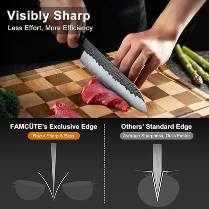 FAMCÜTE Santoku Knife 7 inch, Hand Forged 5 Layers 9CR18MOV High Carbon Steel Professional Kitchen Knife, Ultra Sharp Rosewood Handle Japanese Chopping Knife As a Thoughtful Birthday Gift for Dad/Mom