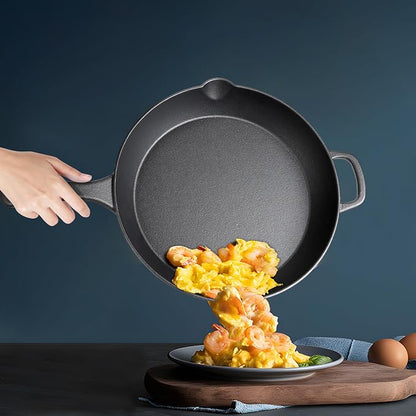 10 Inch Cast Iron Skillet, Pre-Seasoned, Induction Safe | Pre-seasoned 10" everyday skillet for searing, frying & baking. Serves 2-3. No lid. Induction & oven safe. PFOA-free.