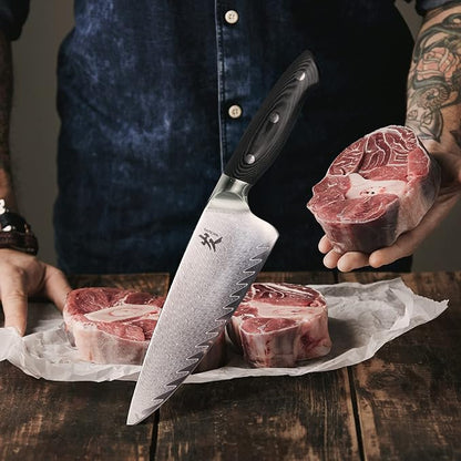 SAMCOOK Damascus Chef Knife - 8 Inch Professional Sharp Kitchen Knife - Japanese VG-10 High Carbon Stainless Steel Gyuto Cooking knife - Ergonomic Micarta Wood Handle with Gift Box