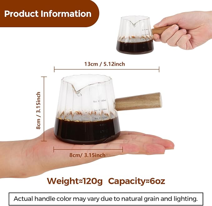 YARRAMATE 6 oz/180ML Glass Measuring Cup with Wooden Handle – Espresso Shot Cups, Ribbed Milk Frothing Pitcher, Dual Scale Markings, V-Shaped Mouth for Easy Pouring