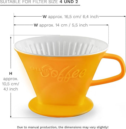 Creano Porcelain Coffee Dripper Saffron Yellow - Ceramic Cone Brewer - Pour Over Coffee Maker for Filter Bags Size 4 - Easy Manual Brew for pure taste - also for Camping, Hiking