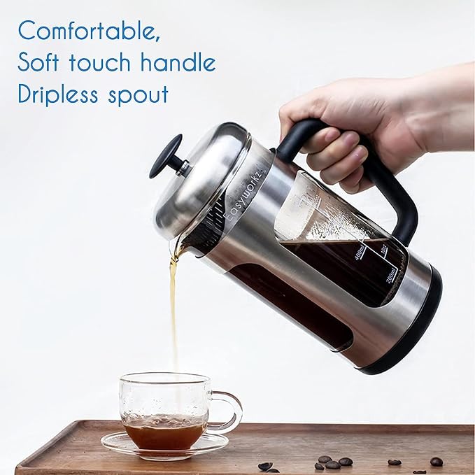 Easyworkz Stainless Steel French Press 34 oz Coffee Tea Maker with Soft Grip Handle