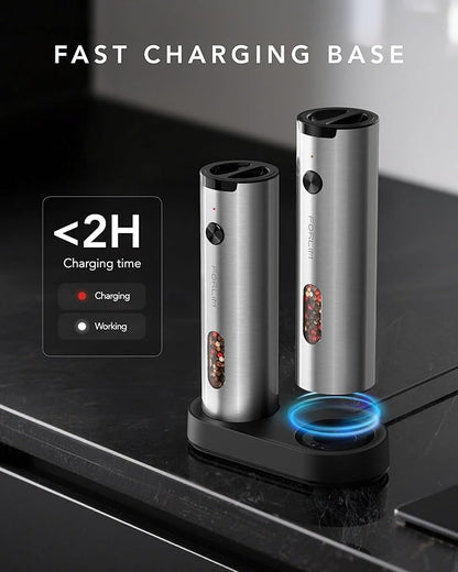 FORLIM Electric Salt and Pepper Grinder Set Rechargeable, Auto Salt and Pepper Grinder set with Charging Base, Adjustable Coarseness, LED Light, Automatic Salt Grinder Refillable,Pepper Shakers Set