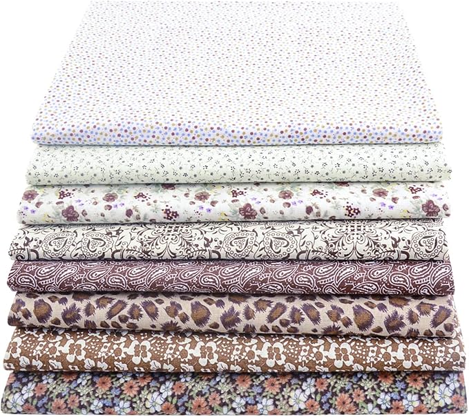 100% Cotton Fabric for Sewing - 8 Pre-Cut Squares (20"x20"), Floral DIY Patchwork Quilting Fabric (Brown White)