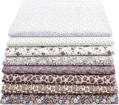 100% Cotton Fabric for Sewing - 8 Pre-Cut Squares (20"x20"), Floral DIY Patchwork Quilting Fabric (Brown White)