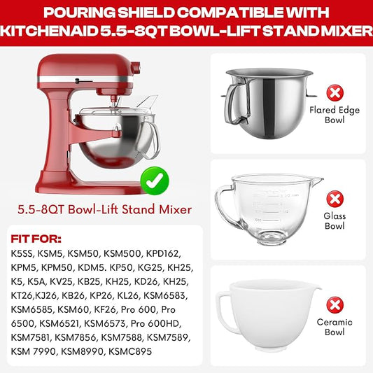 Pouring Shield for KitchenAid Mixer & Splash Guard Attachment - Compatible with 5.5-8QT Bowl-Lift Stand Mixers for KitchenAid