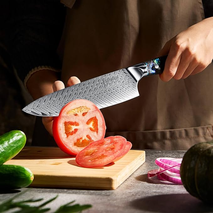SENKEN Damascus Steel 8" Chef Knife with Real Deep-Sea Abalone Shell Handle - Umi Collection - 67-Layer Japanese VG10 Forged Steel Blade, Integrated Full-Tang Molding, Angled Bolster (8" Chef Knife)