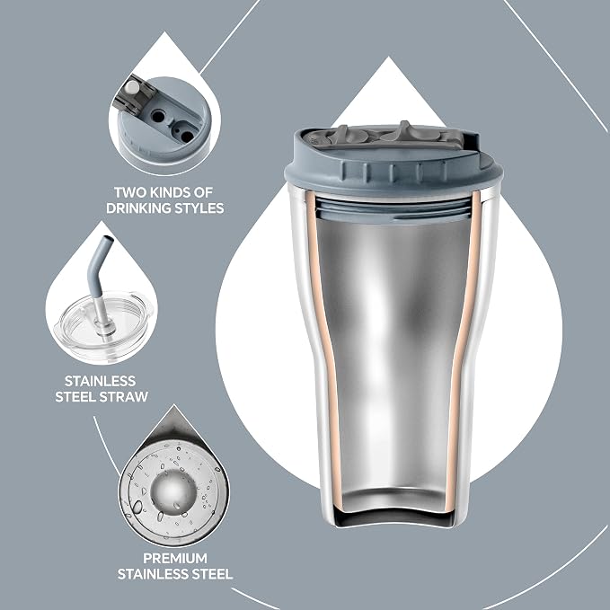 IDEUS Insulated Tumbler with Lid and Straw 14 oz, Stainless Steel Double-Wall Vacuum Leak-Proof Travel Coffee Mug, Cup Holder Friendly, Ultimate Gray