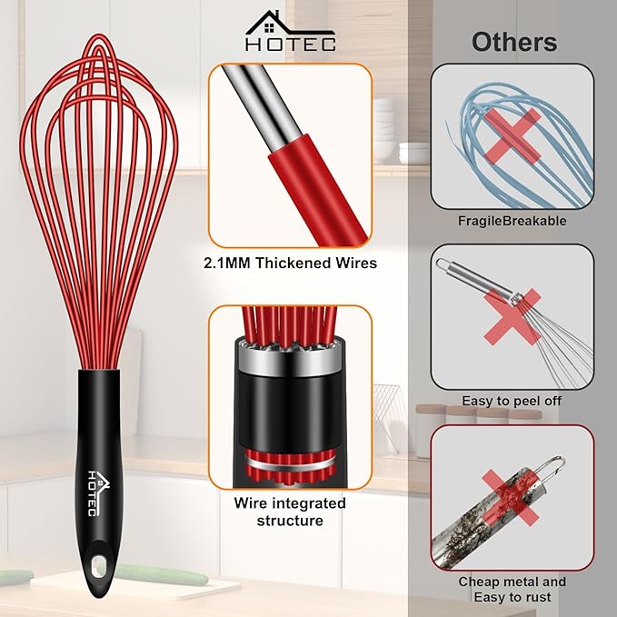 HOTEC 4 Pieces Silicone Whisks Set, Wire Balloon Whisks for cooking Egg Beater, Non-slip Handle Whisk for Non-stick Cookware Perfect for Cooking, Stirring, Beating and Blending,Red
