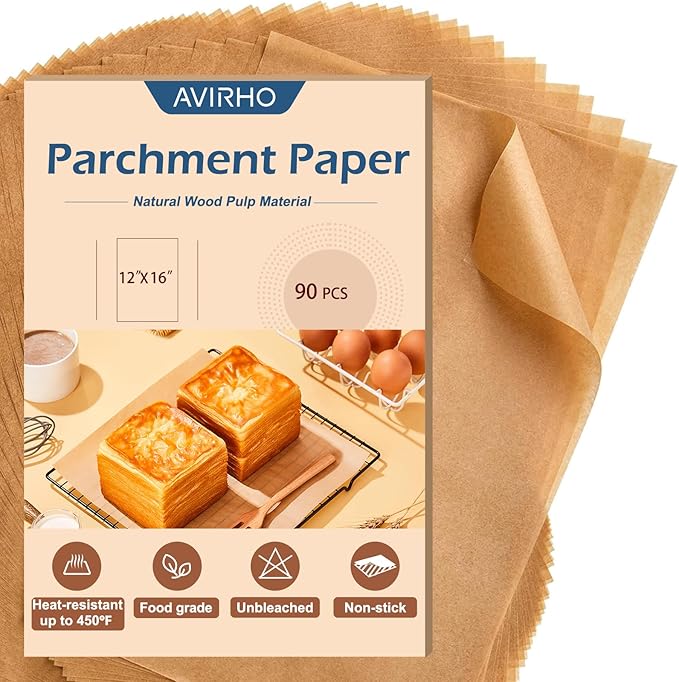 Parchment Paper Sheets 12x16 Inch – 90Pcs Precut Unbleached Half Sheet Baking Paper, Plant-Based Silicone Coating, Non-Stick Paper Liner for Oven, Cookies, Bread, Roasting & Large Batch Baking