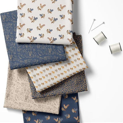 Farm Patchwork Fabric Panel 100x155 cm – 100% Cotton Satin, 6 Coordinated Chicken & Rooster Prints on One Continuous Sheet for Quilting, Sewing & DIY Crafts (Rustic Farm Mix, 6pcs 50x50cm)