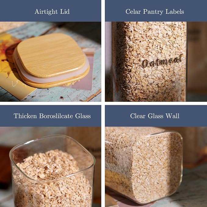 3 Pcs Square Glass Pantry Storage Containers with Bamboo Airtight Lid and 248 Clear Pantry Labels Preprinted - 62oz Thicken Glass Food Storage Jars for Coffee, Cookie, Tea, Sugar, Spice