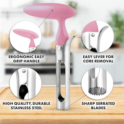 Zulay Kitchen Ultra Sharp Apple Corer Tool - Stainless Steel, Sharp & Serrated Blade Cores in Seconds - Easy to Use & Clean, Durable Apple Core Remover for Apples & Small Fruits - Pink