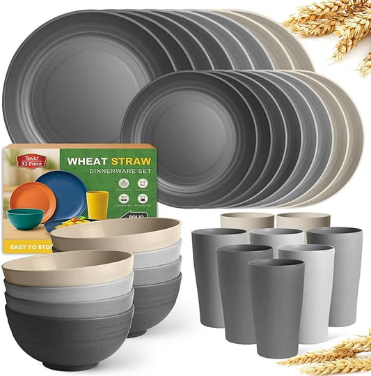 Teivio 32-Piece Kitchen Plastic Wheat Straw Dinnerware Set, Service for 8, Dinner Plates, Dessert Plate, Cereal Bowls, Cups, Unbreakable Colorful Plastic Outdoor Camping Dishes, Gray Stone
