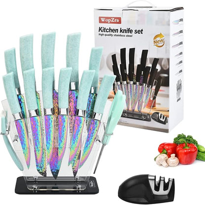 Rainbow Knife Set, Kitchen Knives Set with Acrylic Block, Thick Blade Cutlery Knife Block Set, Chef Sharp Quality for Home & Pro Use, Best Gift (Teal Handle)