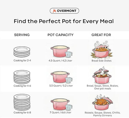 Overmont Enameled Cast Iron Dutch Oven - 5.5QT Pot with Wide Handles Lid Cookbook & Cotton Potholders - Heavy-Duty Pre-Seasoned Cookware Oven Safe to 500°F for Braising, Stews, Roasting, Sourdough Baking