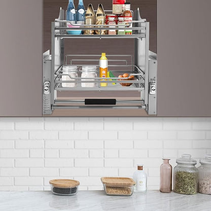 22in Pull Down Shelf, 2-Tier Pull Down Shelf for Upper Cabinets, Kitchen Spice and Dishes Pull-Out Storage Shelf, High Cabinet Organizer Large Storage Space for Snack, Bowl (Dark Grey)
