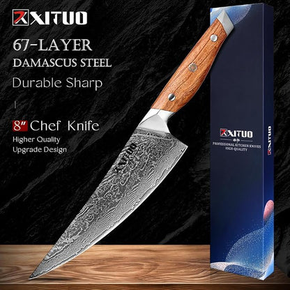 XITUO 8-Inch Damascus Steel Chef Knife, Olive Wood Handle – Japanese-Inspired Kitchen Knife for Chopping, Mincing & Slicing Meat, Poultry & Vegetables, Gift for Pro & Home Cooks
