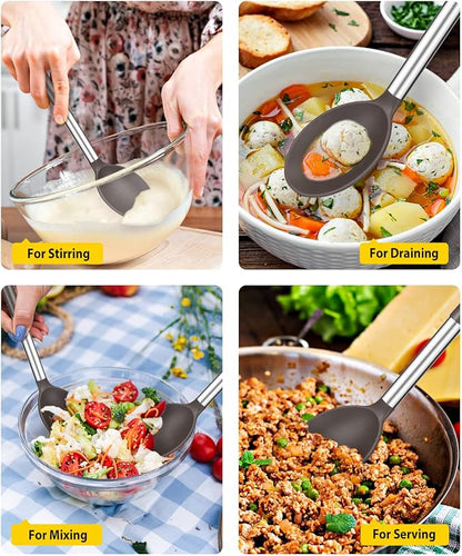 Pack of 2 Large Silicone Cooking Spoons,Non Stick Solid Basting Spoon,Heat-Resistant Kitchen Utensils for Mixing,Serving,Draining,Stirring (CHOCOLATE)