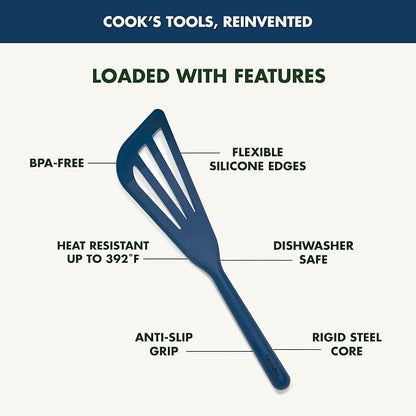 GreenPan Silicone Fish Turner Spatula, Slotted Cooking Kitchen Utensil, Flexible Rubber Nonstick Cookware, Rigid Steel Core, Heat-Resistant, Anti-Slip Handle, BPA-Free, Dishwasher Safe, Blue