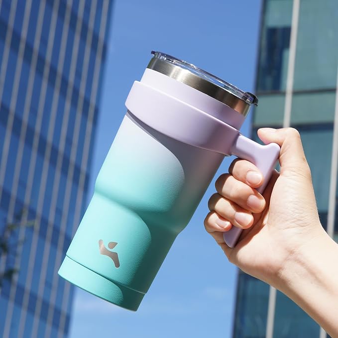 Konokyo 20 oz Tumbler with Handle and 2 Straw 2 Lid, Insulated Water Bottle Stainless Steel Vacuum Cup Reusable Travel Mug, Lavender Green