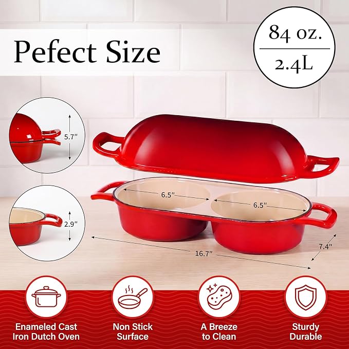 Enameled Cast Iron Dutch Oven Bread Baking, Sourdough Bread Pot with Lid, Double Round Nonstick Loaf Pan for Homemade Bread, Oven Safe to 500°F, 16.5cm Diameter, Red