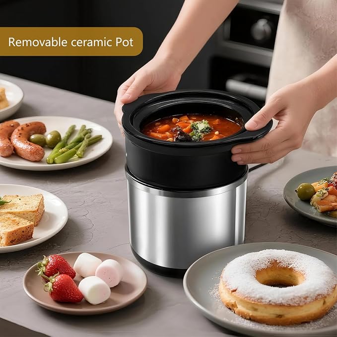 Mini Slow Cooker, 0.65 Qt Capacity small slow cooker, Ceramic Pot, Nutrient Loss Reduction, For Sauces, Stews & Dips, Round (RED)