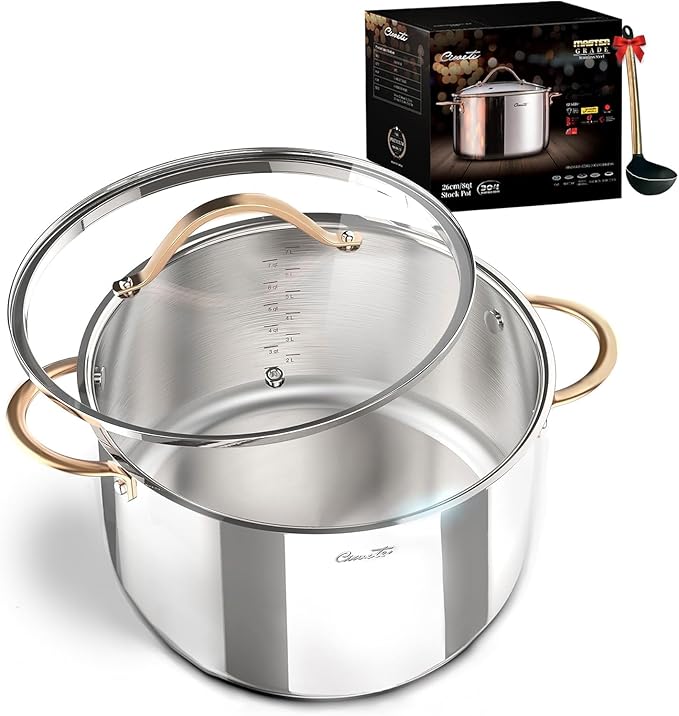 Ciwete 8 Quart Stock Pot, 3 Ply Whole Clad Stainless Steel Stock Pot, 8 QT Cooking Pot with Lid, Induction Pot for Cooking, 18/10 Stainless Steel Cookware Stockpots Oven, Gas and Dishwasher Safe