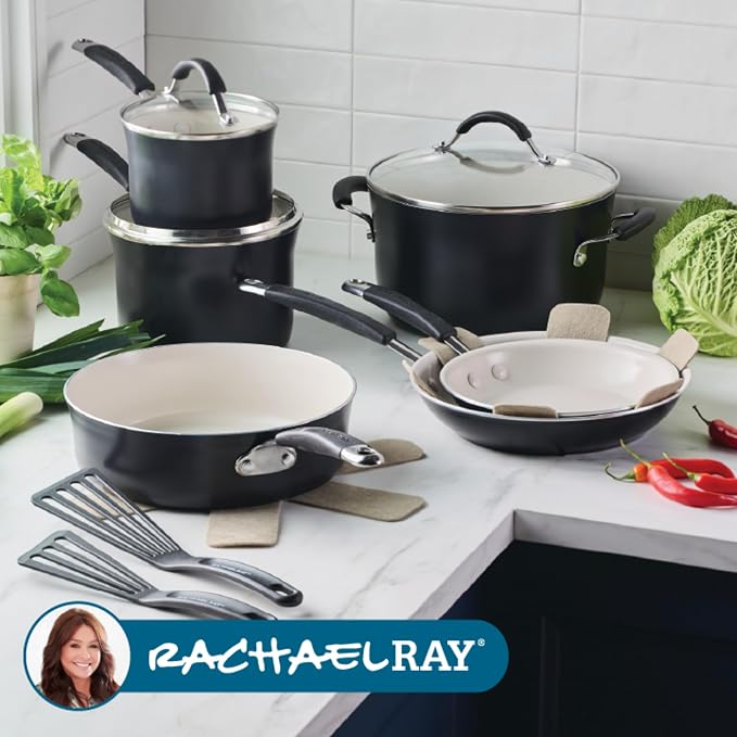 Rachael Ray Cucina Ceramic Nonstick Cookware Pots and Pans Set, 13-Piece, Peppercorn