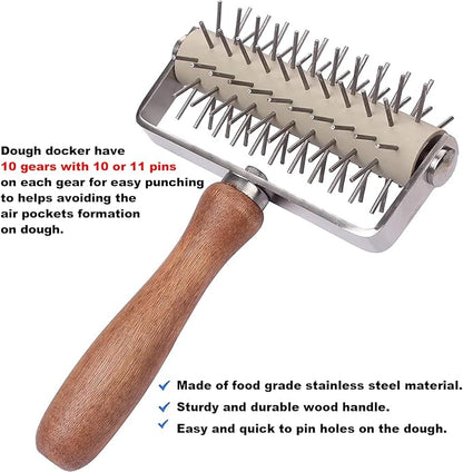 Dough Docker Roller Stainless Steel and Wooden Dough Roller, Set of 2 Pizza Pin Roller Dough Hole Maker Wood Pastry Pizza Roller for Pizza, Cookie, Pie, Pastry, Bread, Crust