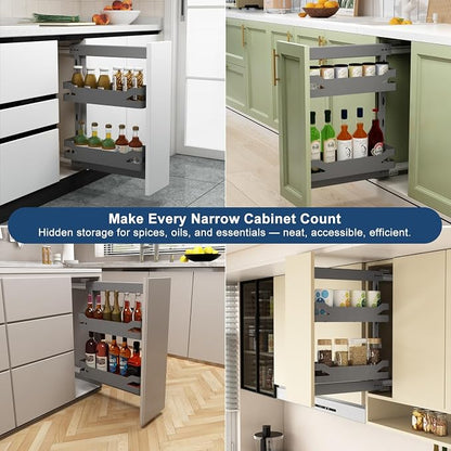 VADANIA Naro Pull Out Cabinet Organizer with Solid Metal Trays, 2-Tier Spice Rack for 10" Base Cabinets, Soft Close Full-Extension Slides, Reversible Left or Right Side Mount