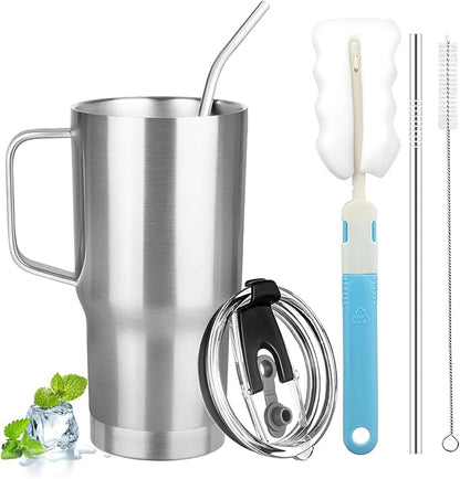 20 oz Tumbler with Handle, Stainless Steel Insulated Tumbler with Lid and Straw, Double Wall Vacuum Coffee Mug Tumbler, Insulated Coffee Thermal Cup for Cold and Hot (Silver)